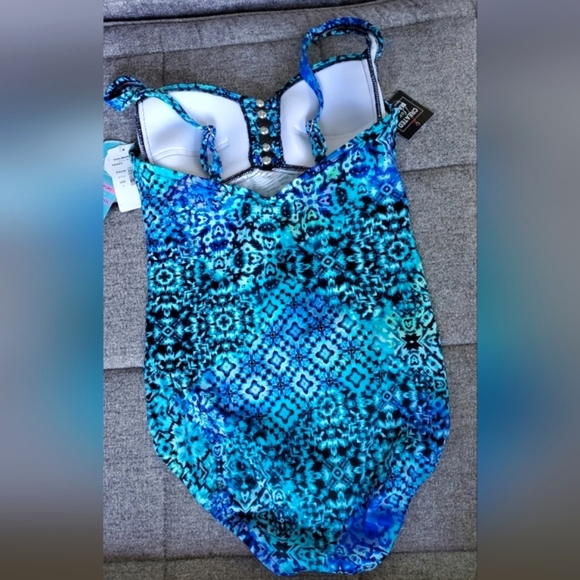 Swim Solutions Blue Santorini Printed Strappy Front One-Piece Swimsuit Size 8 - Picture 5 of 9